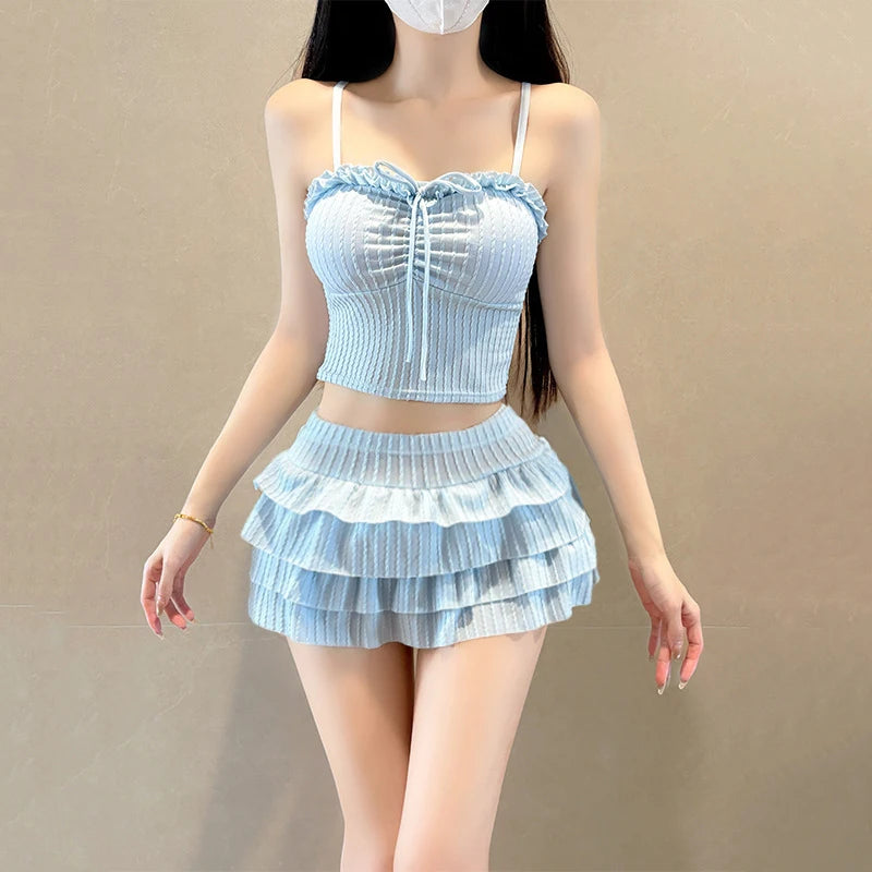 Summer 2 Piece Skirt Set Women Tube Top Tie Front Ruffle Mini Skirt Y2K Cute Holiday Beachwear