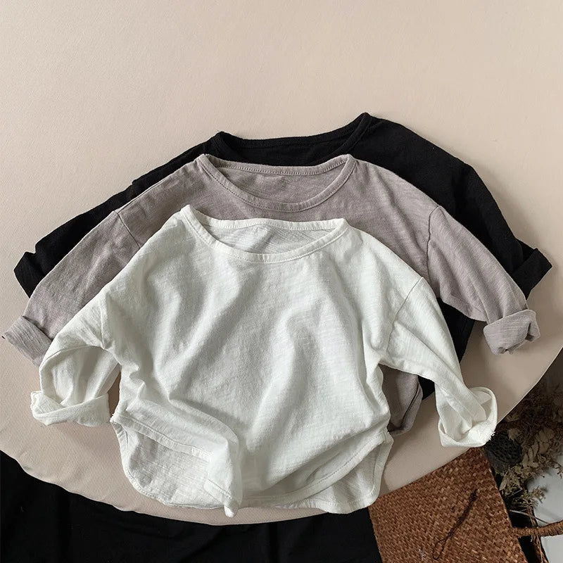 Spring Autumn Kids New Solid Long Sleeves Sweatshirt Boys Loose Cotton Top Clothes Baby Girl Boy Casual Soft Pullover T-Shirts