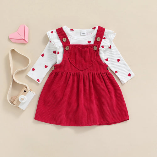 Citgeett Baby Girl Clothes Set Valentine Heart Print Ruffle Bodysuit With Suspender Skirt Outfit