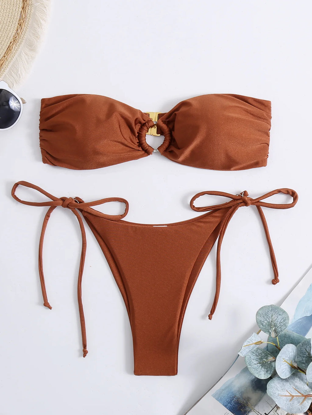 Women's Push-Up Bandeau Bikini Set – Solid Color Wire-Free Two-Piece Swimsuit