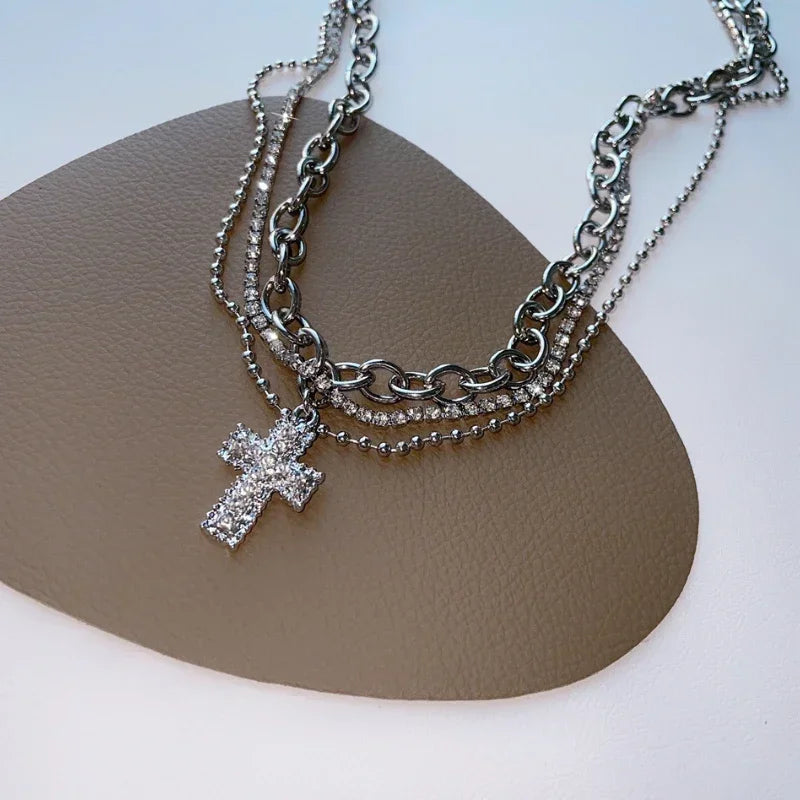 Rhinestone Cross Pendant Necklace Spicy Girl Sweet and Cool Style Multi Layered Necklace Choker Gift for Women Choker Jewelry