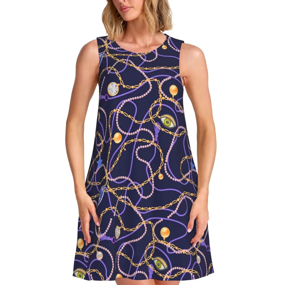 Abstract Brush Print Casual Dress Colorful Print Sleeveless Pretty Dresses Woman Crewneck Aesthetic Dress Spring Print Clothes