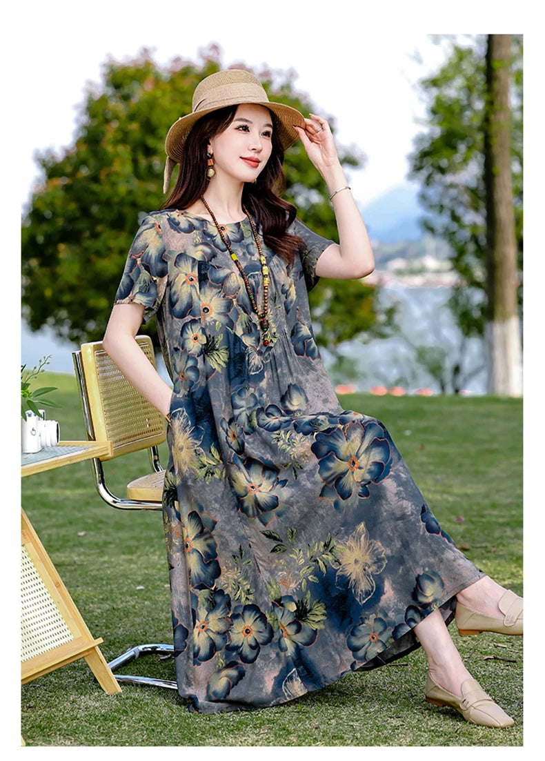 New Print plus size 2026 New Fashion Floral Printed Summer Dress Vestidos Elegant Short Sleeve Slim O-Neck Party Women clothing