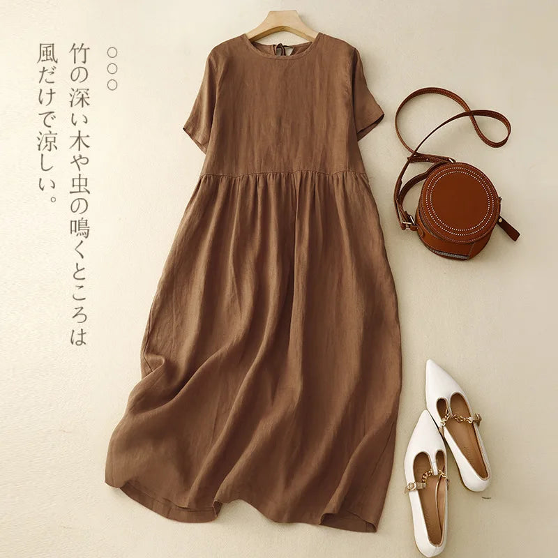 Korean Style Summer Fashion Solid Color Simple Basic Cotton Linen Dress for Women Good Quality Half Sleeve Elegant Frock Female