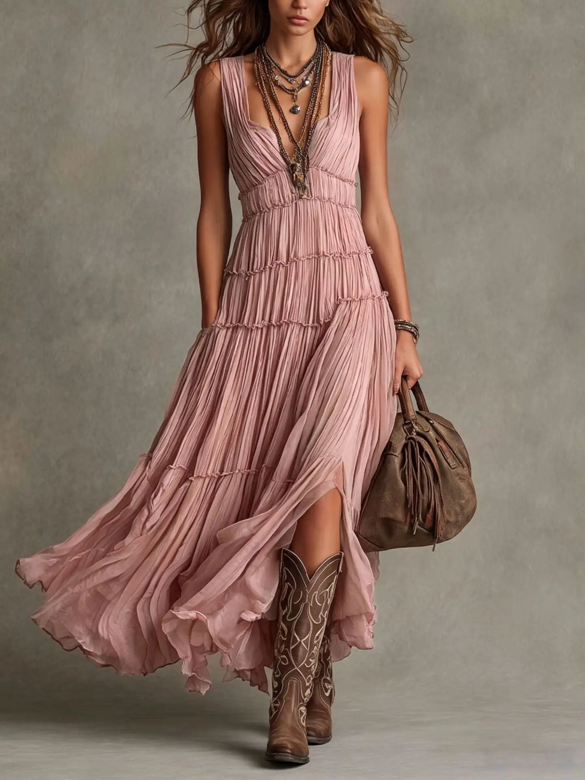 Retro Tiered Maxi Dress Deep V Sleeveless Ruffled Chiffon Flowy Long Dress Women Bohemian Pleated Split Hem Casual Dress