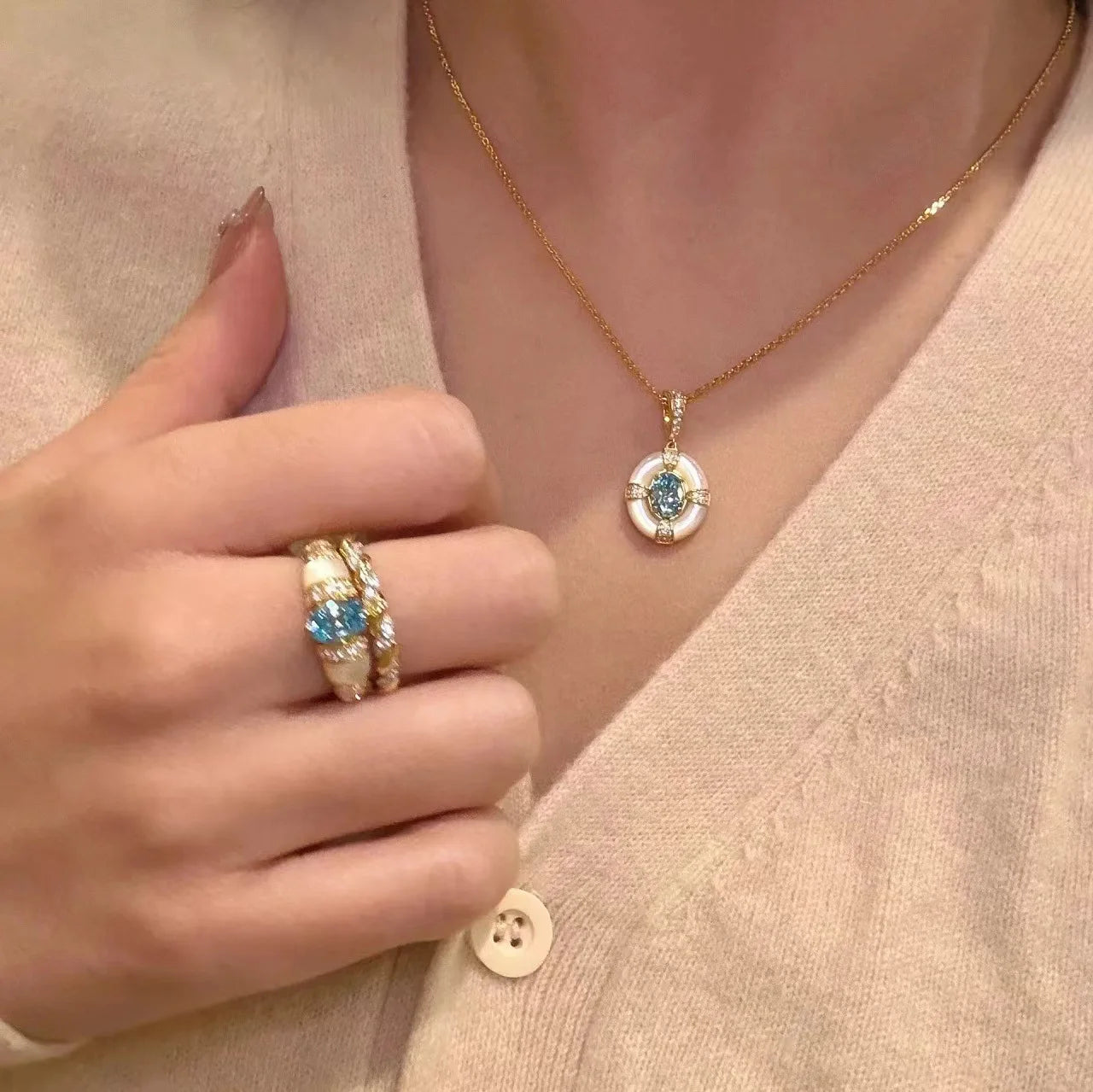 Aquamarine & White Fritillaria Ring & Necklace Jewelry Set