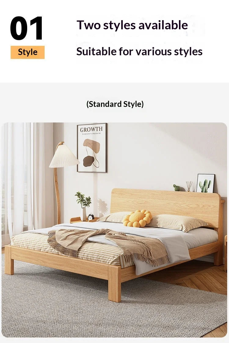 Japandi Beech Solid Wood Bed With Headboard, Japanese Log Low Bed Frame, Single Double Platform Bed For Small Bedroom Furniture