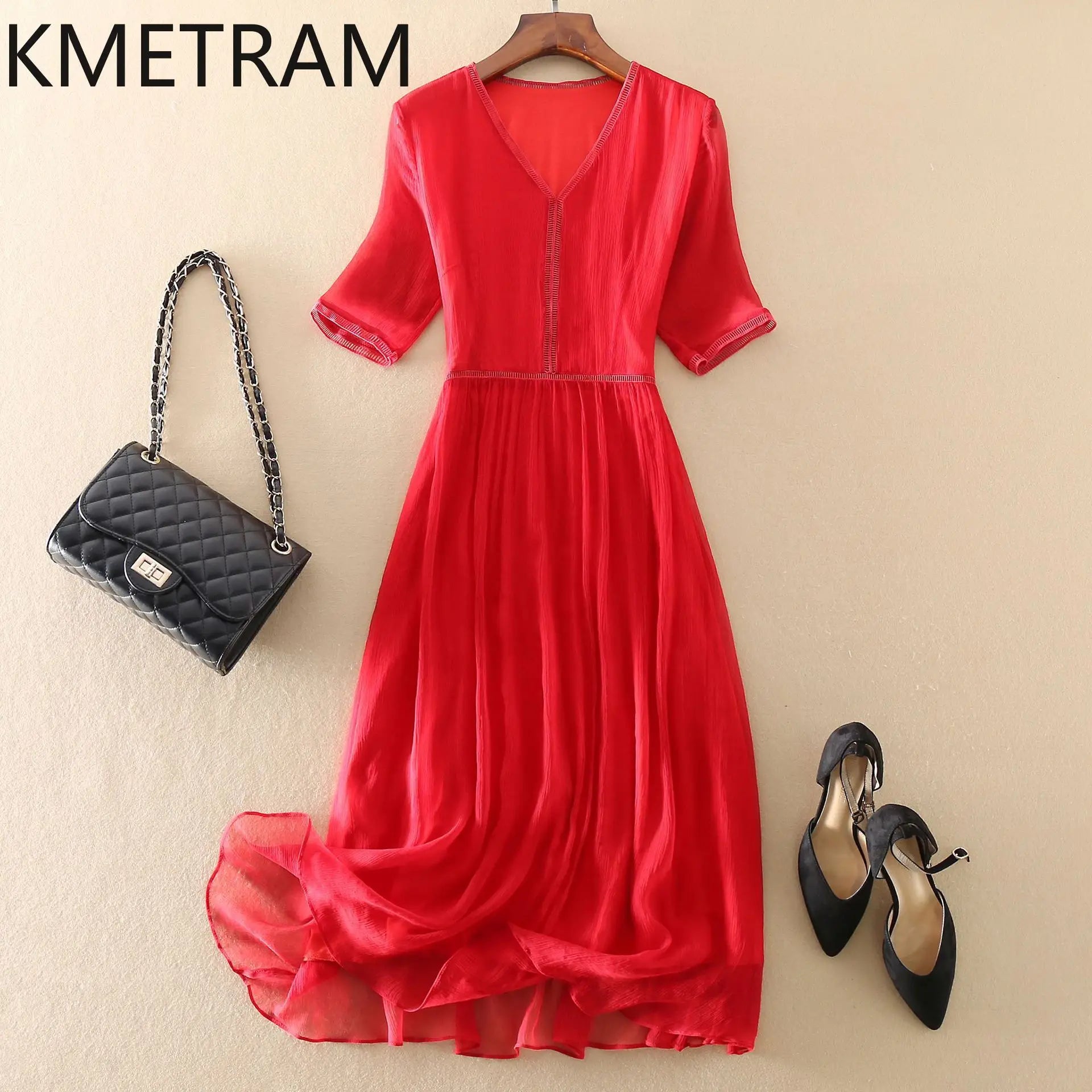 KMETRAM 100% Natural Mulberry Silk Dresses 2025 Woman Summer Elegant V-neck Long Dress Party Frocks Women Clothing Vestidos