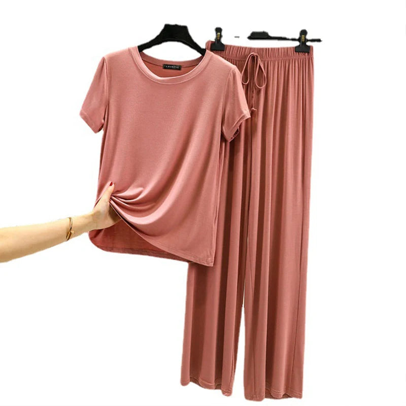 Women's Modal Pajama Set - Wide Leg Pants Casual Lounge Wear