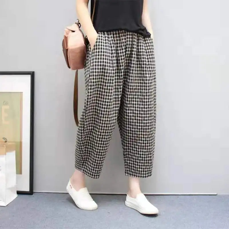 Summer Plaid Fashion Haren Pants Women High Street Casual Loose Pockets High Waist Pure Cotton All-match Comfortable Trousers