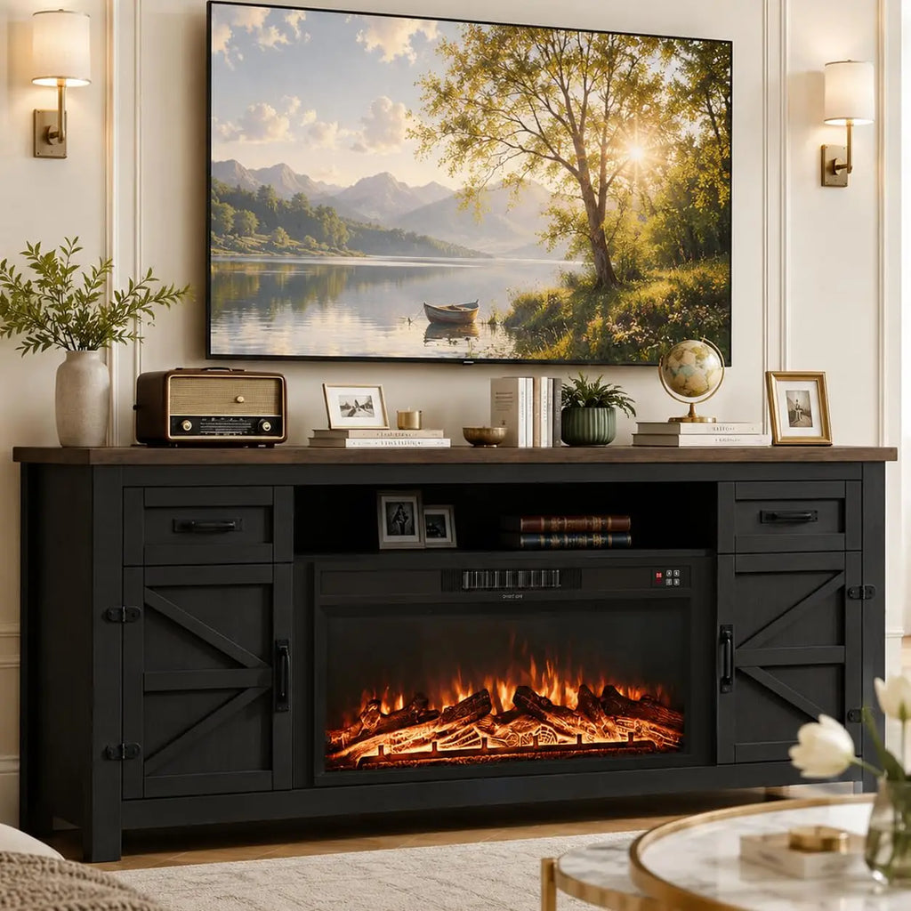 80" Black TV Stand With Sliding Barn Door & Fireplace Insert, Modern Living Room Media Console, Customized