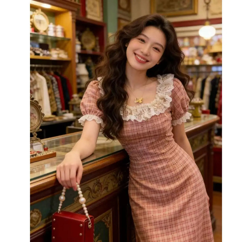 Pink Lace Bubble Sleeve Dress Women's Summer Gentle Style Ultra Beautiful Plaid Slimming Long Dress High Waist A-Line Skirt