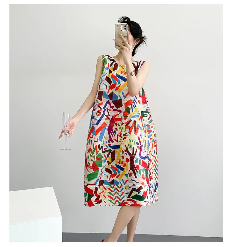 2026 Summer Retro Print Design Flared Dress Women Loose Fit Plus Size Fashion Elegant Sleeveless Dress Travel Vacation Wear