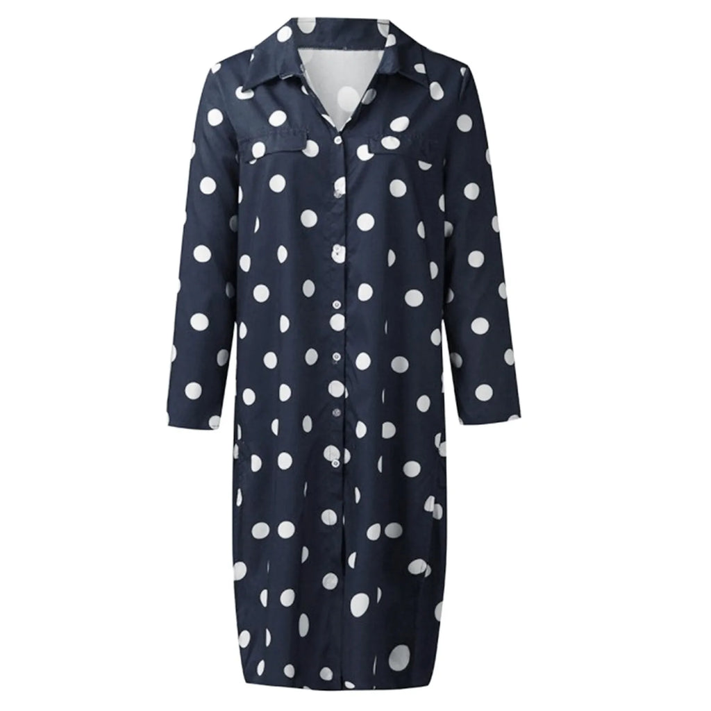Summer Polka Dot Print Maxi Dress Women's Button Up Split Flowy Shirt Long Dresses Slim Long Sleeve Shirts Dresses With Belt