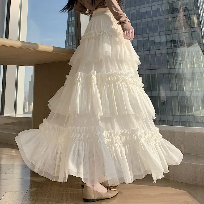 Qiukichonson Midi Long Skirt Women Patchwork Mesh Lolita Spring Summer High Waisted High Low Ruched Ruffles Ball Gown Skirt rok