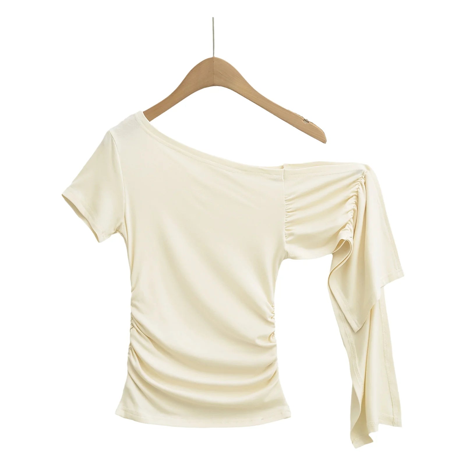 Slim Fit Asymmetric Shoulder T-Shirt Women's Summer Short Sleeve Top with Sash Street Style Sexy Trendy Pure Desire Design