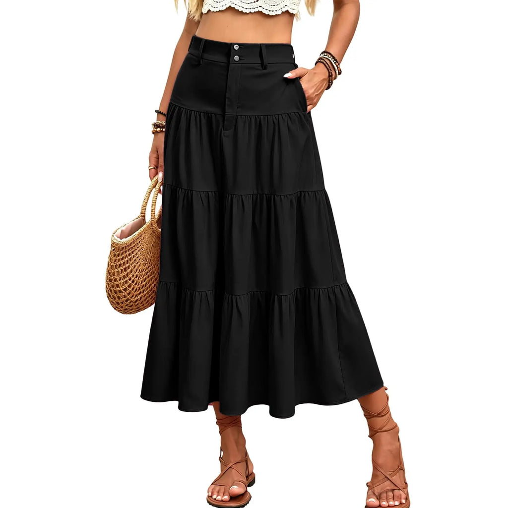 Damen High Waist Midi Mit Elastischem Bund Knopfleiste Eleganter A Linien Leichtem Material FüR Putifalda Corta Extrema Body