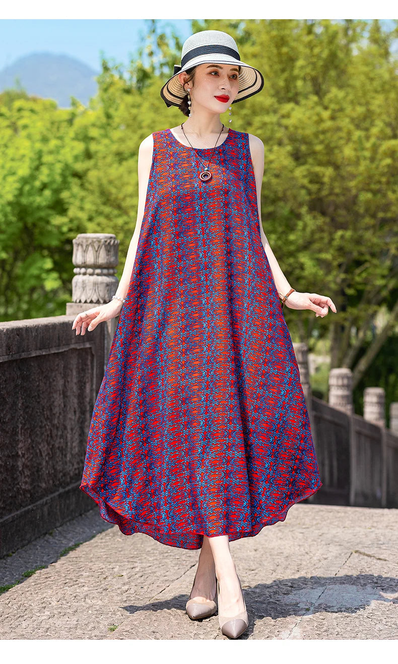 New Women Summer Dresses Vintage Dress FashionRobe Plus Size Sleeveless Femme Casual Print Dresses