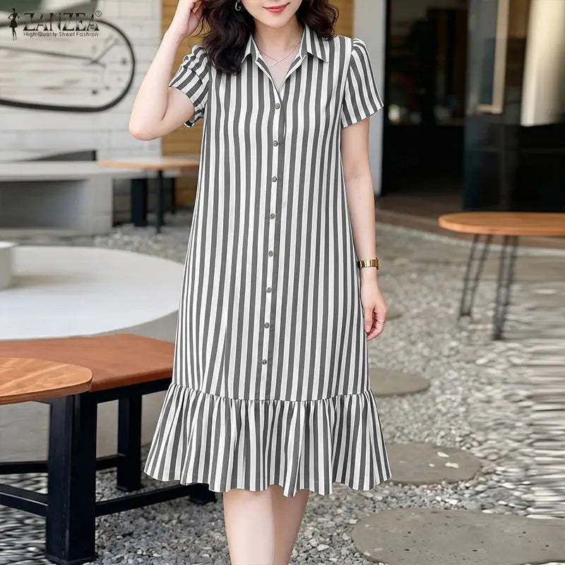 2026 Summer Striped Dress ZANZEA Women Elegant Work Dresses Short Sleeve Buttons Down Sundress Casual Holiday Knee Length Robe