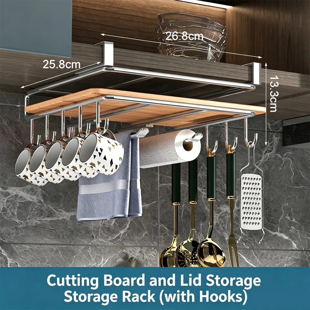 Organizador de cocina colgante con ganchos bajo el armario, soporte para toallas de papel y trapos, tabla de cortar, tapa de olla, estante de almacenamiento