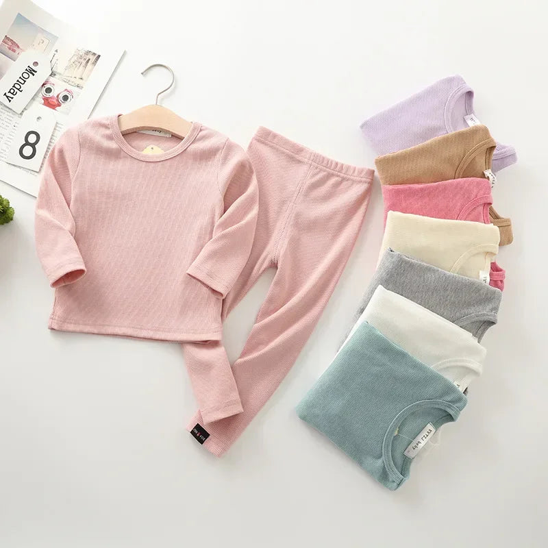 Kids Unisex Ribbed Cotton Pajama Set - Long Sleeve Pullover & Pants