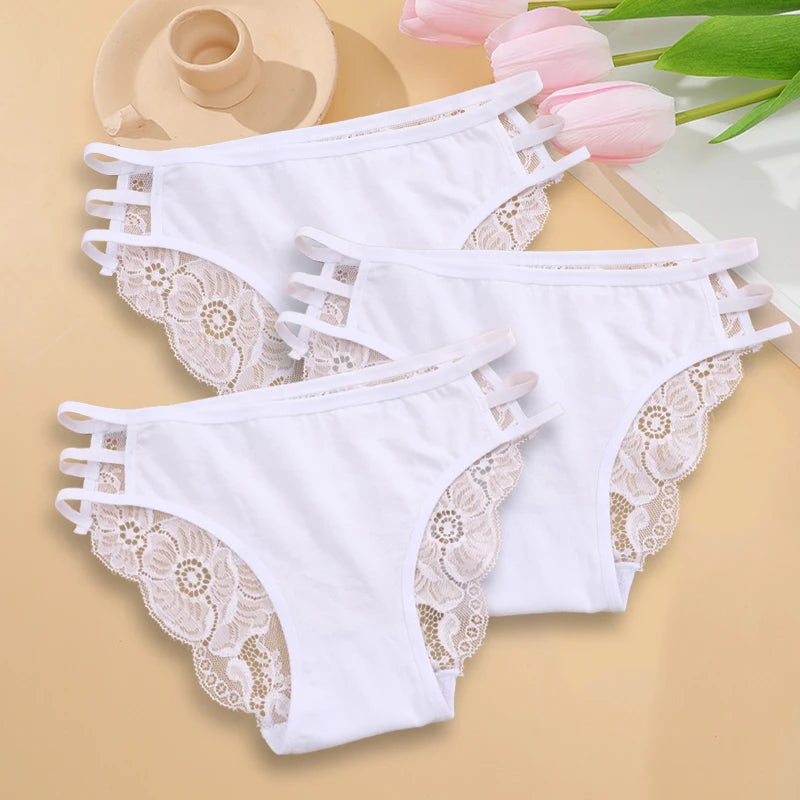 Sexy Floral Lace Panties 3Pc Set For Women Low Rise Hollow Out Transparent Briefs