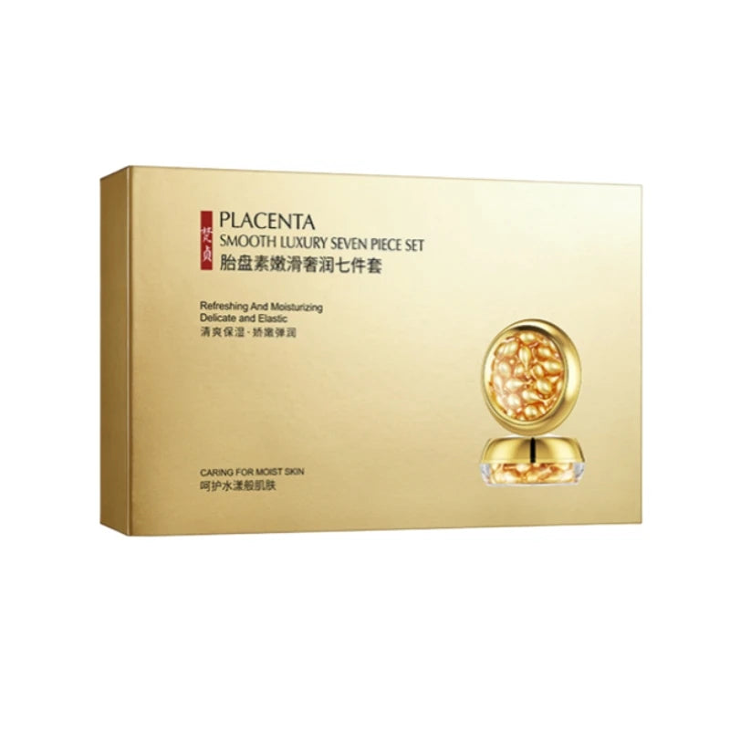 Placenta Skin Care Seven-Piece Set, Rich in Placenta Essence, Moisturizing Skin Care Products, Hydrating, Nourishing, and Refreshing, the Set Includes Facial Serum, Eye Cream, Face Cream, Facial Cleanser, Essence Cream, Suita