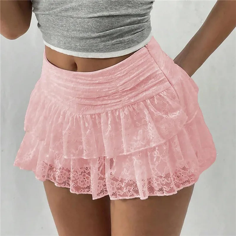 Ladies Cute Ruffle Bloomer Skirt Summer Floral Lace High Rise Tiered Flowy Mini A Line Skirt