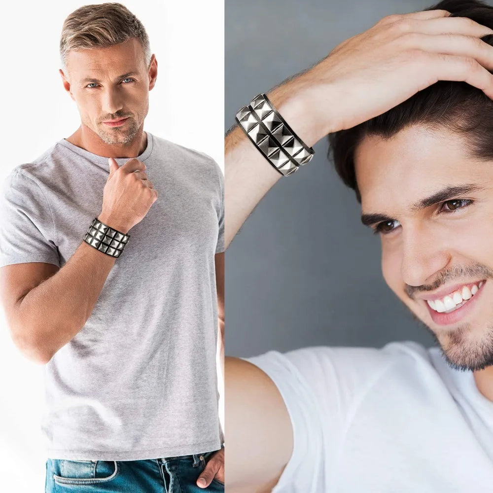 Fashion Punk Single Row Stereoscopic Square Personality Rivet Cortex Couple Bracelets for Men Women Hip-hop Rock Bangles Jewelry