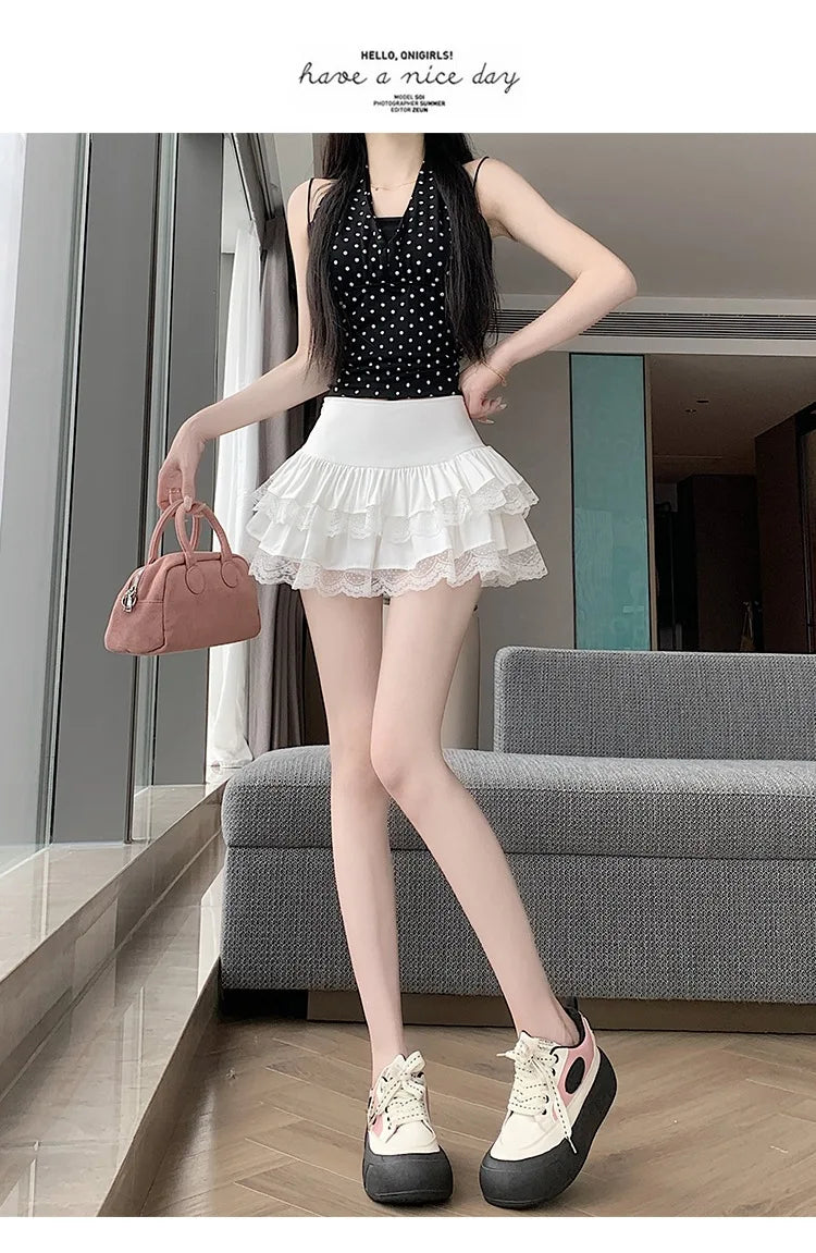 Pure Desire Lace A-Line Mini Skirt High Waist Puffy Sweet Style Short Cake Skirt Cotton Blend Fabric Summer Women's Dress