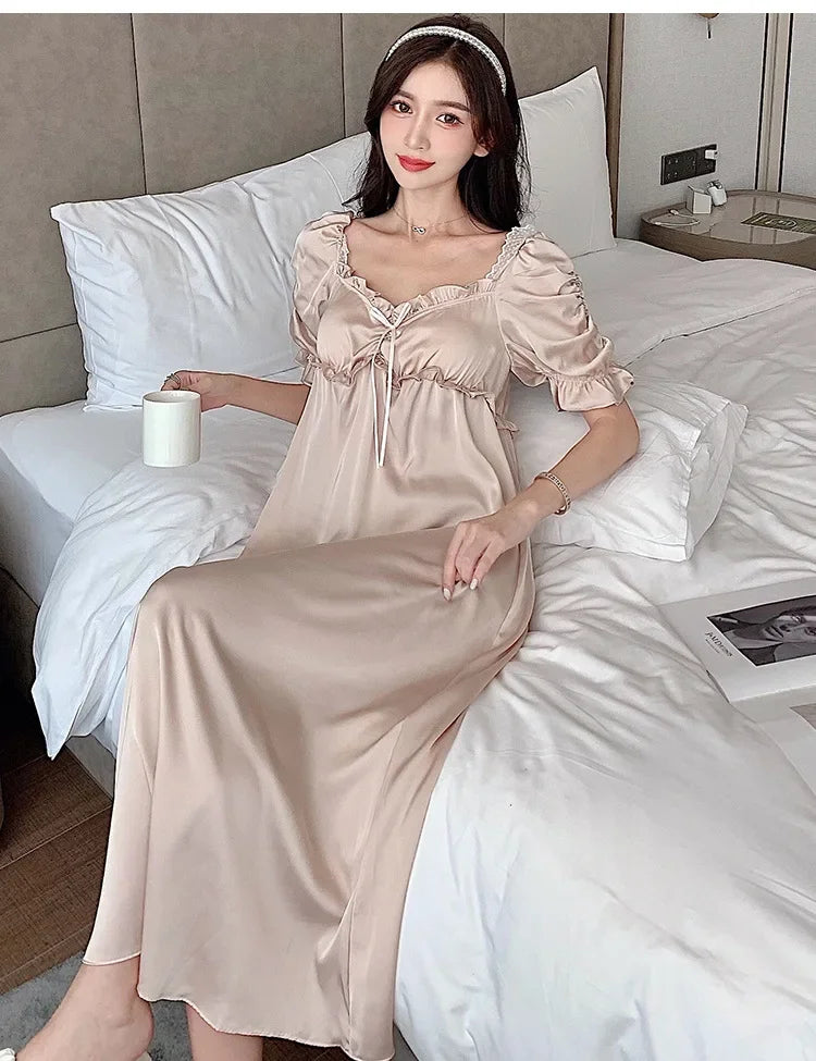 Satin Long Nightgown Women Sweet Lovely French Sleepwear Retro Silk Short Sleeve Sleepshirt Ladies Fashion Nightdress Home Dress
