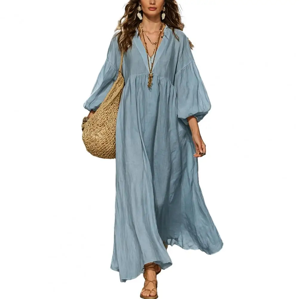 Women Dress Loose Fit Dress Women’s V Neck Maxi Dress Puff Sleeve A-line Flowy Sundress Casual Boho Beach with 3/4 Sleeves