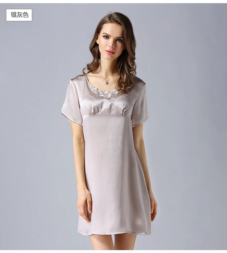 Women's 2023 Spring/Autumn Silk Pajamas 100%Natural Mulberry Silk Short Sleeved Nightdress Noble Silk Home Clothes Pajamas