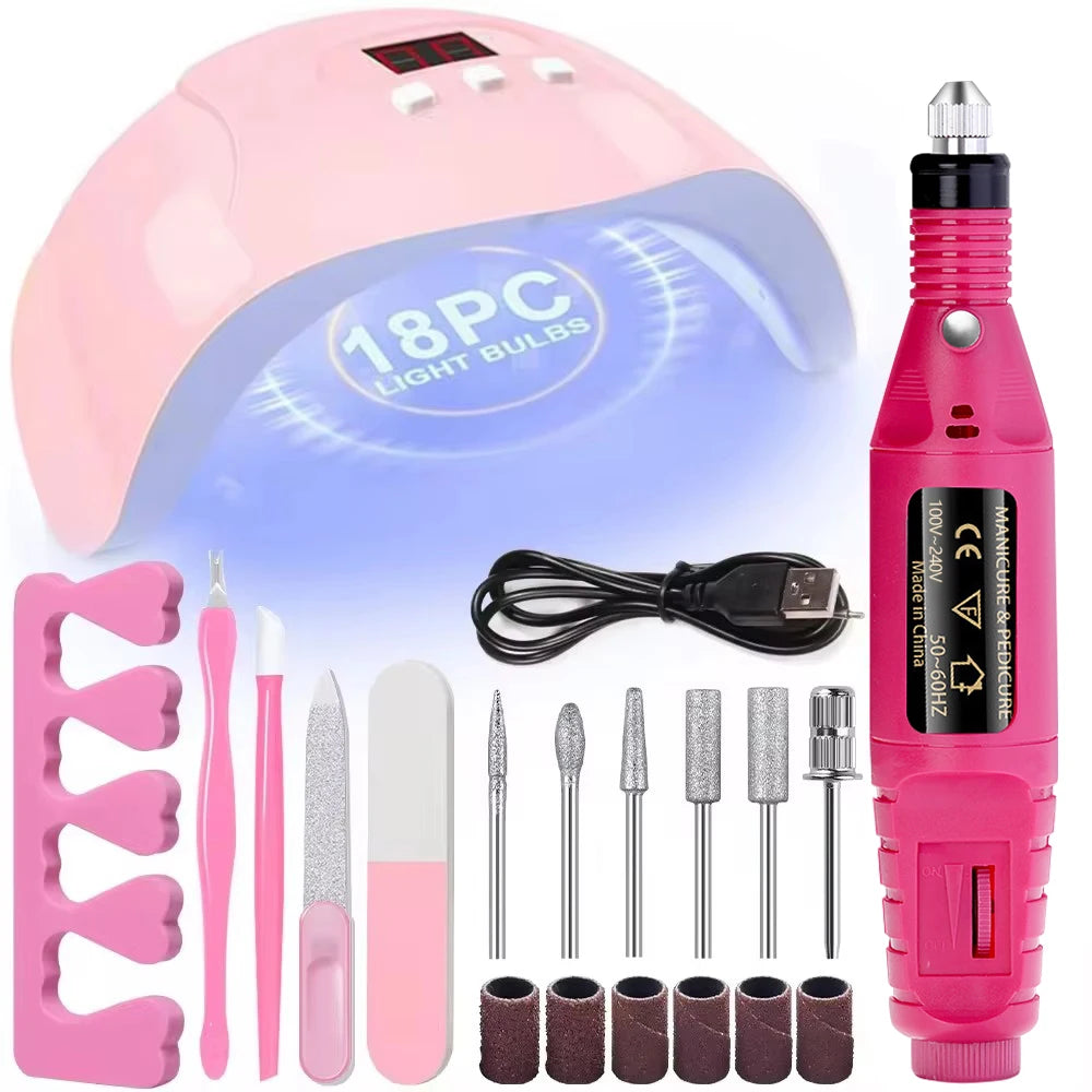 LINMANDA Kit profesional de taladro eléctrico USB para uñas con lima y pulidor, lámpara de uñas UV LED, secador de manicura en gel, kit de inicio de acrílico