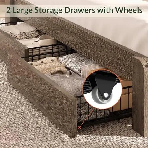 King Size Wooden Platform Bed Frame with Headboard,Brown | 2 Storage Drawers, LED Lights & Charging Station, Easy
