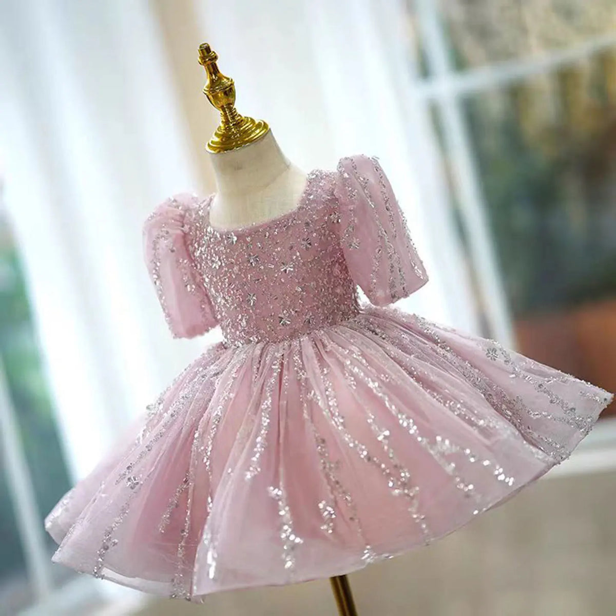 Dreamy Vow J793 Adorable Square Collar Sequined Tulle Girl Dress for Kids Eid al-Fitr Wedding Birthday Party Summer Ball Gown