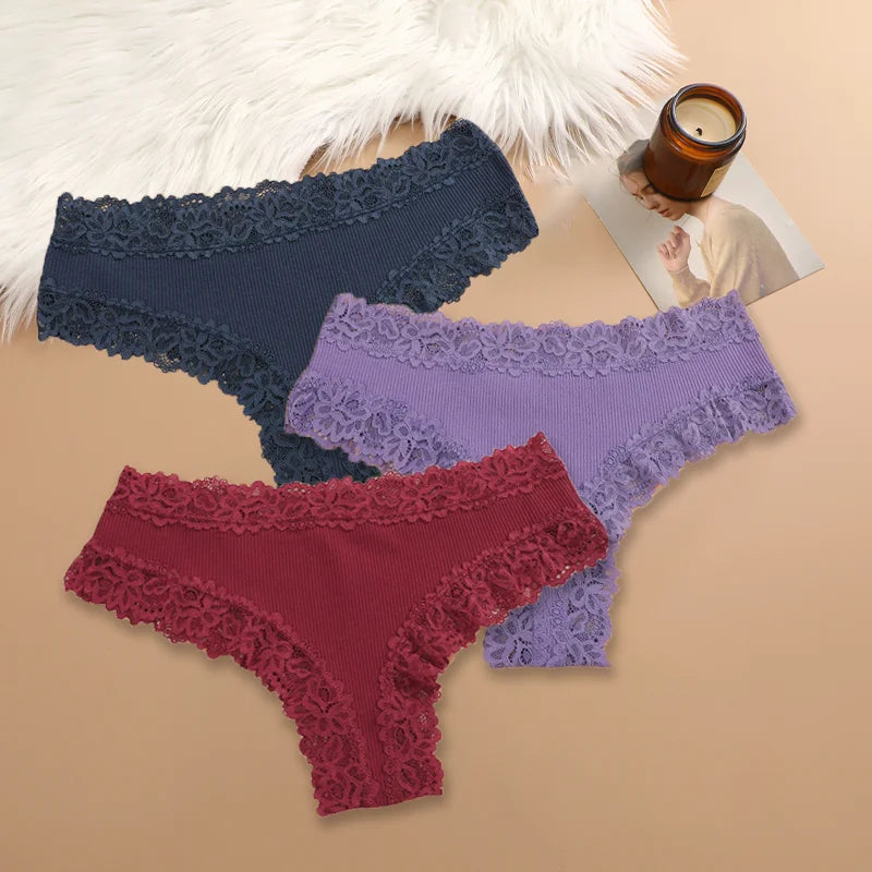 Women Cotton Panties Set 3 Pieces Floral Lace Patchwork Briefs Breathable Soft Underwear Size S XL