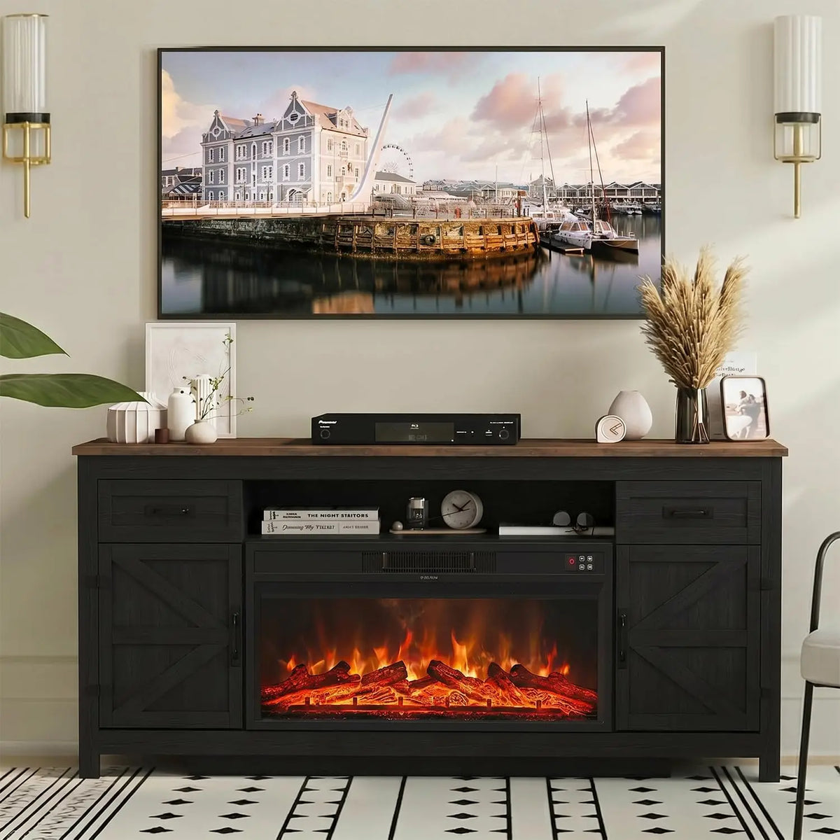 70" Farmhouse Electric Fireplace TV Stand with Barn Doors for 80" TVs