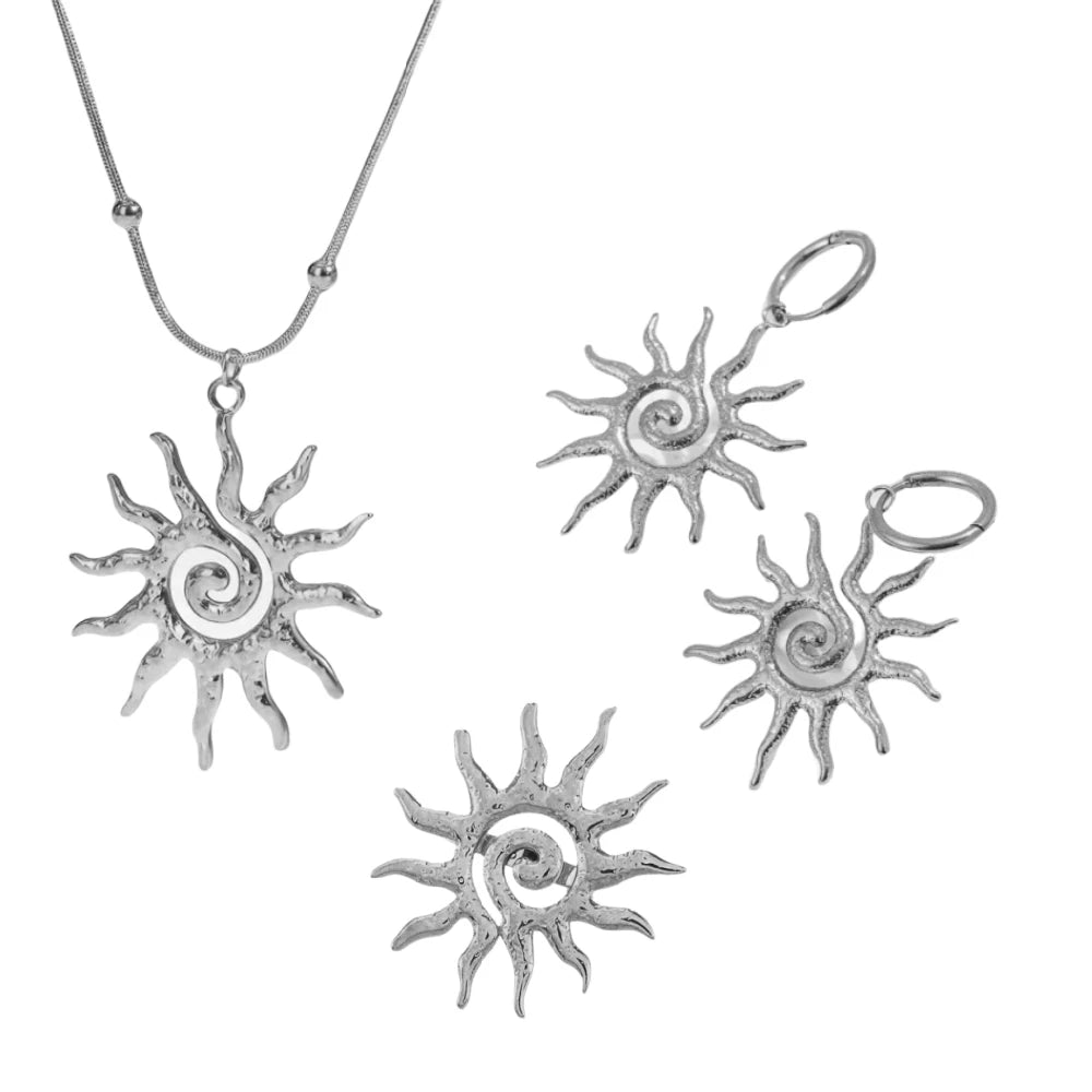Fashion Vintage Chic Sun Shaped Pendant Necklace Stainless Steel Earrings Statement Fashion Jewlery Accessories