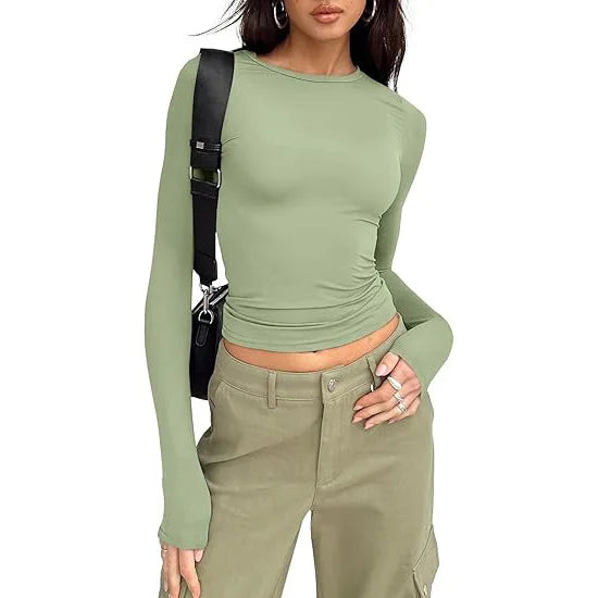 1pcs Woman Clothing Long Sleeve T-shirt Slim Fit Top Female O-Neck Knitted Sheath Tee Shirt Street Wear Sexy Sport Solid Tshirt