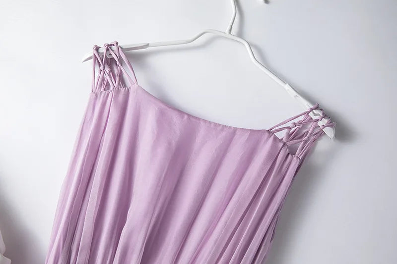 100%Real Silk Elegant Dresses, Women Sleeveless Elastic Waist, Beach Vacation Fairy Dress, 2024 Summer Fall