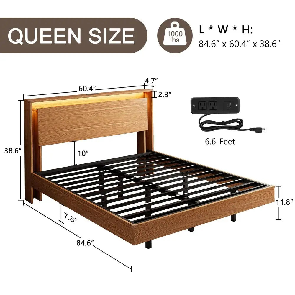 Bed Frame Queen Size with LED Lights amp Charging Station Kids Wood Floating Queen Bed Frame with Storage Headboard, Adhesive S