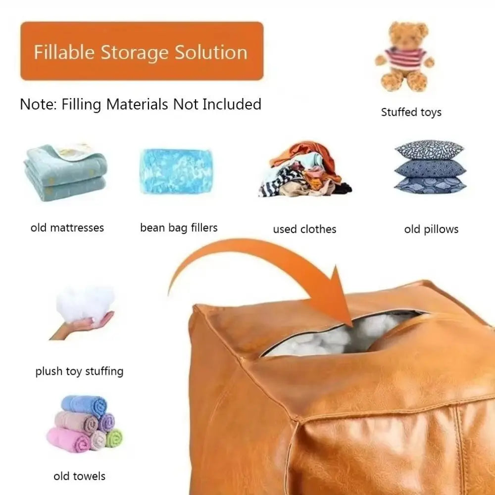 Modern Non-Slip Storage Stool Large Capacity Waterproof Unstuffed Cushion Cover No Fillings Square Leather Pouf Bedroom