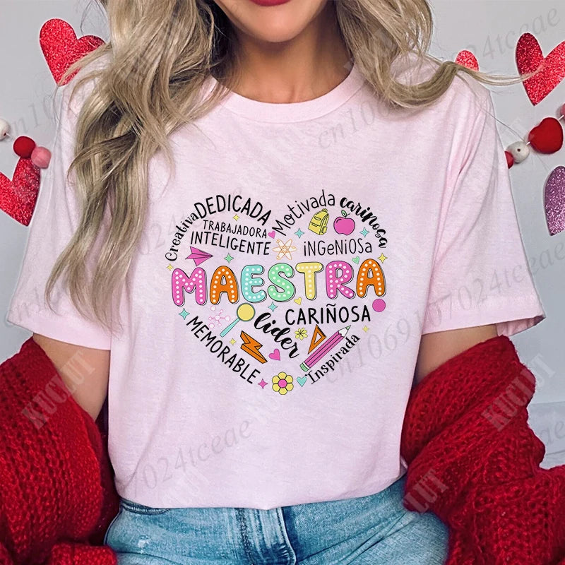 Spanish Maestra Women Girl T-shirt Casual Short Sleeve Round Neck Fashion Tee Shirt Teacher Comfy Tee Top Teacher Summer Clothes