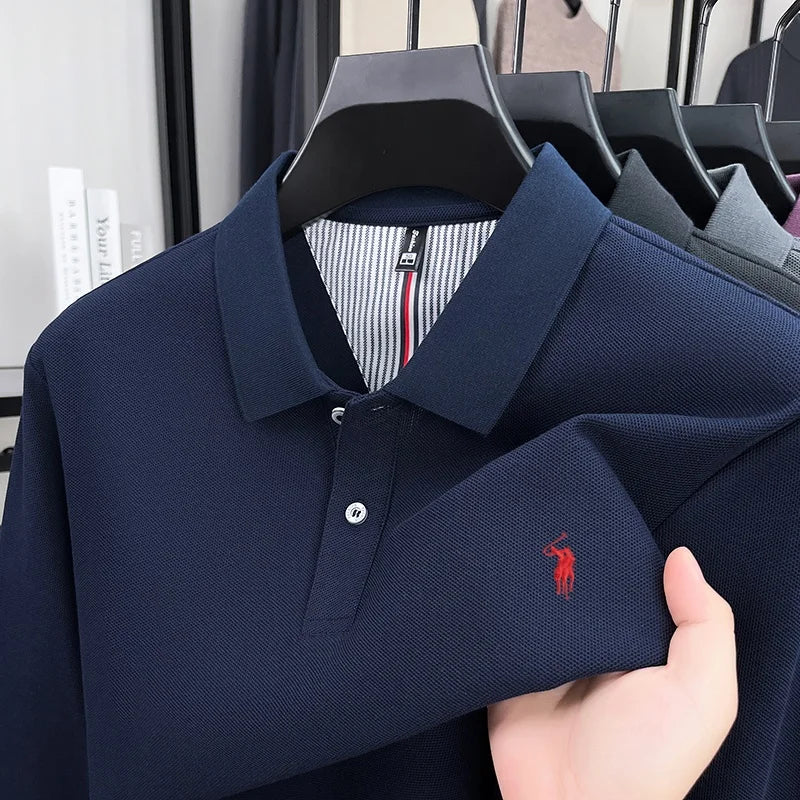 Pure Cotton Polo Shirt For Men Premium Embroidered Pony Logo Autumn Winter Long Sleeve Business Casual