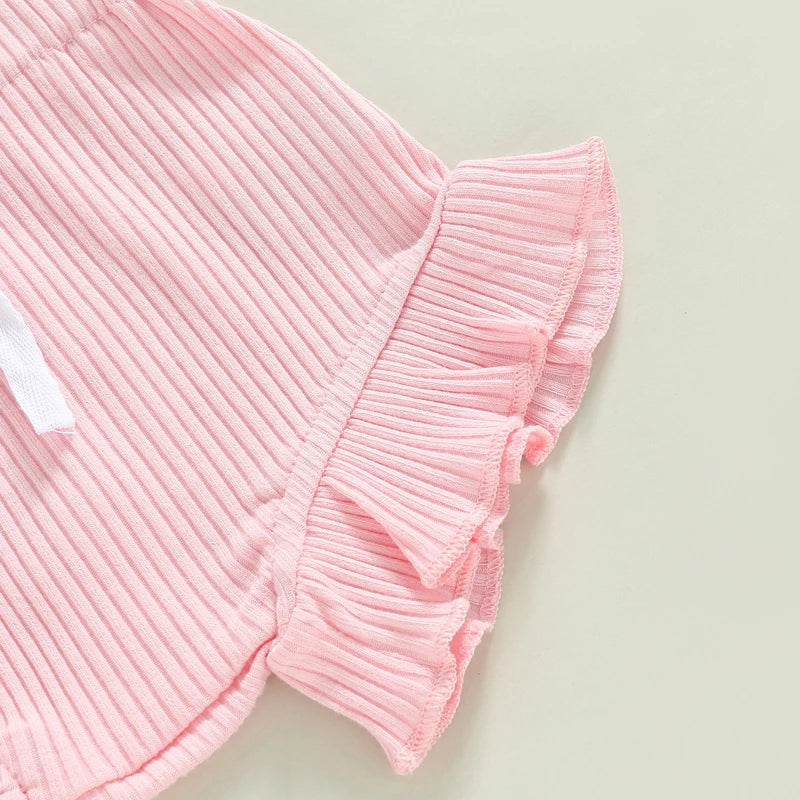 0-18M Summer Lovely Toddler Baby Girls Boys Clothes Sets Solid Knit Ruffles Sleeve Bodysuit Romper Tops Shorts 2Pcs Clothes