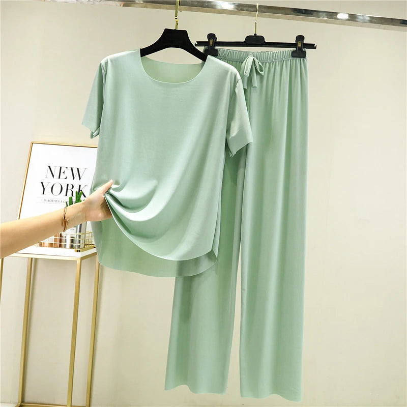 Women's Ice Silk Two-Piece Set - Round Neck T-Shirt and Loose Pants