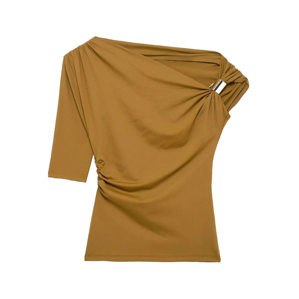 HH Women Pleated Short Sleeve Solid Slim Tops Summer Sexy Chic Asymmetrical Off Shoulder Vintage T-Shirts High Street Outfits