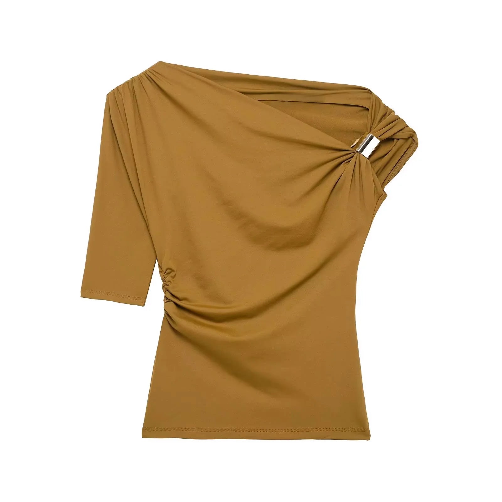 HH Women Pleated Short Sleeve Solid Slim Tops Summer Sexy Chic Asymmetrical Off Shoulder Vintage T-Shirts High Street Outfits