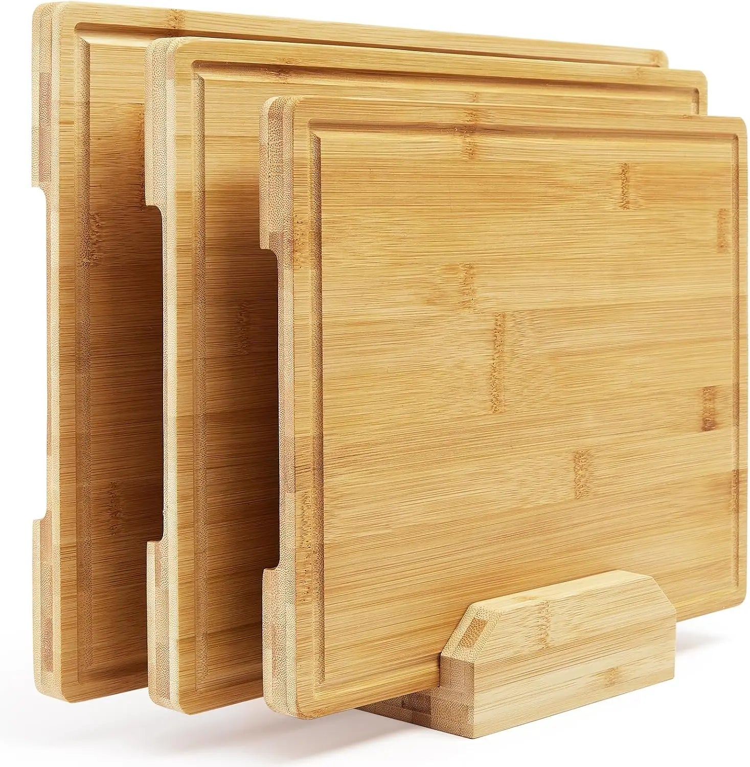 3-Piece Natural Bamboo Cutting Boards Set with Stand | Kitchen Chopping Boards 43x30cm/38x28cm/33x25cm,Deep Juice Grooves,Dishwasher Safe,Knife Friendly